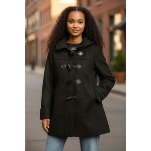 Guess Black Toggle Hooded Wool Blend Duffle Coat Womens S P